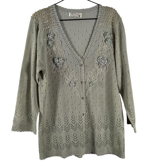 Plum Blossom Sweaters - Vintage Plum Blossom Womens Green 100% Silk Button Front Cardigan Sweater Sz XXL